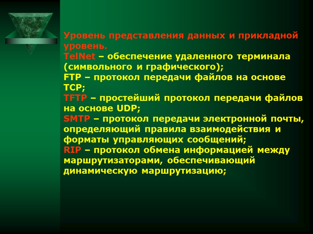 Уровень представления данных и прикладной уровень. TelNet – обеспечение удаленного терминала (символьного и графического);